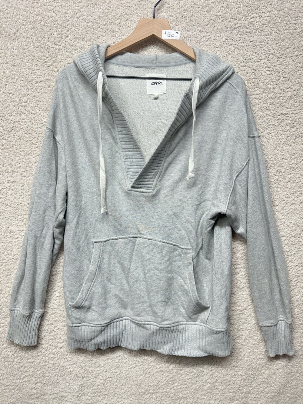 Aerie Oversized Hoodie Sweatshirt Light Gray 100% Cotton Kangaroo Pocket XS